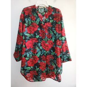 Victoria Secret Vintage Red & Green Floral Sheer PopoverPajama Top sz Medium